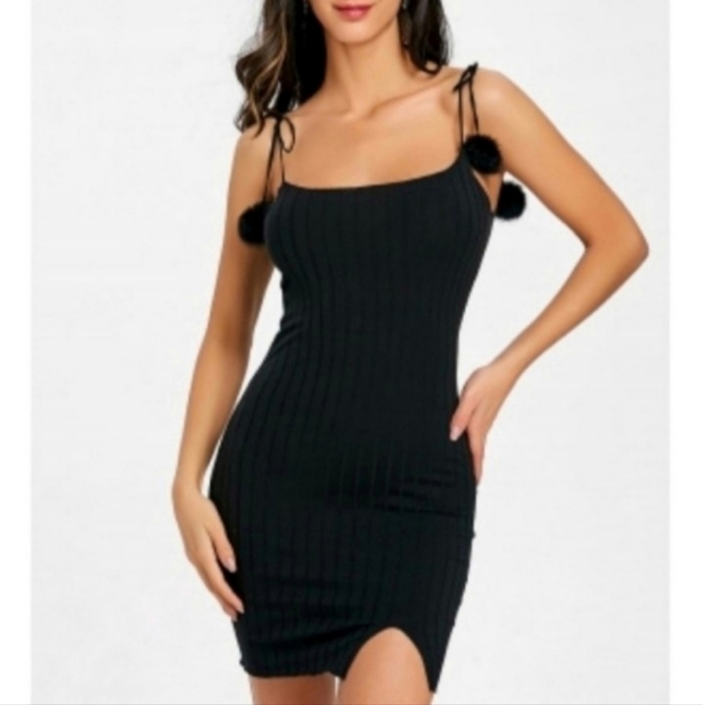 NEW - Black Ribbed Pom Pom Mini Cocktail Dress